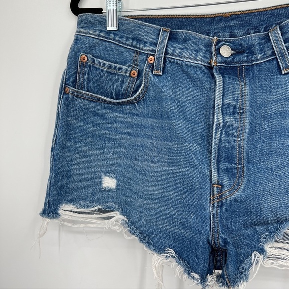 Levi's 501 medium wash button placket frayed raw edge whiskered denim shorts. - Picture 3 of 13